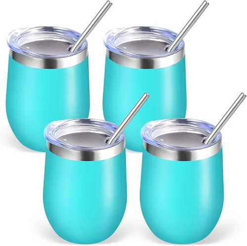 Miniatura 11 de Volhoply - Juego de 12 vasos de vino de 12 onzas con tapa, hechos de acero inoxidable con aislamiento al vacío de doble pared, vasos de vino sin Rosa