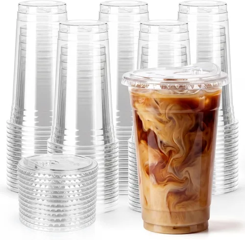 Miniatura 10 de Paquete de 25 vasos de plástico transparente de 16 onzas con tapas para sorber, sin BPA, aptos para alimentos, desechables, tazas de café helado