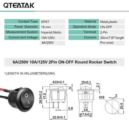 Miniatura 2 de KCD1 On/Off Pre-Wired 2-Pin 2-Position Snap 10A/125V, 6A/250V Round Boat Rocker Switch-5Pack