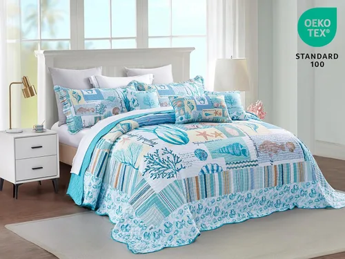 Miniatura 4 de HZ & HY Colcha costera tamaño King extragrande, ropa de cama ligera para playa, colcha náutica, costuras reales, reversible, 6 piezas, 100% Coral