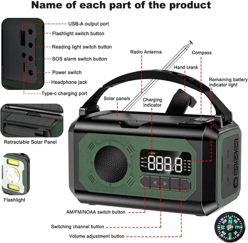 Miniatura 7 de Radio de emergencia de 44400 mWh/12000 mAh, radio solar portátil con manivela AM/FM/NOAA Radio meteorológica con 2 paneles solares, 3 métodos