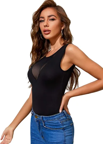 Miniatura 3 de Verdusa Top halter ajustado sin mangas de malla de contraste transparente para mujer