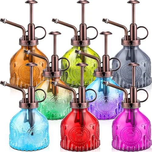 8 botellas de cristal Mister para plantas de 6.8 fl oz, rociador de plantas vintage, multicolor, regadera para suculentas, 6.4 pulgadas, con bombas