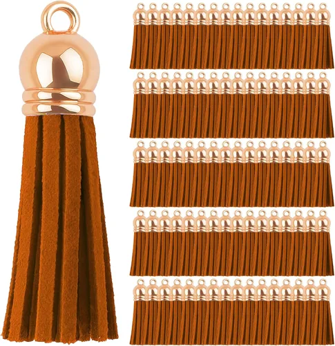 Miniatura 68 de Mandala Crafts 100 borlas de gamuza sintética color aguamarina con tapa dorada, suministros para hacer llaveros a granel, pequeñas borlas de cuero