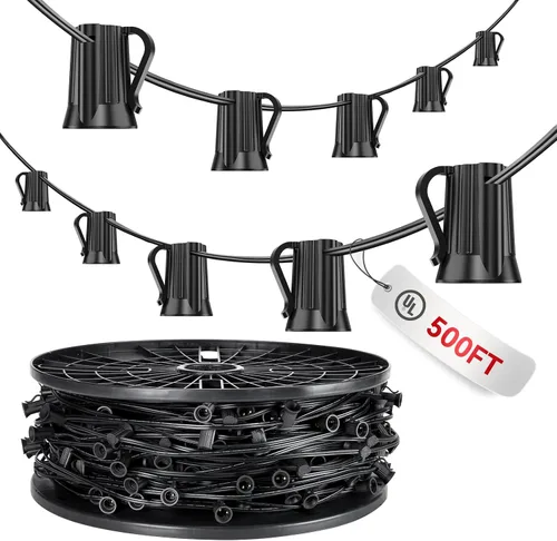 Brightown Comercial Juego de 500 pies de enchufes para luces de Navidad C7/E12, enrollados, luces de cadena de patio certificadas UL, cable negro