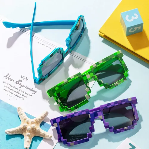 Miniatura 6 de Weewooday 15 pares de lentes de sol Pixel Retro Gamer Robot Pixel Gafas de sol pixeladas recuerdos de fiesta de cumpleaños para niños y adultos azul