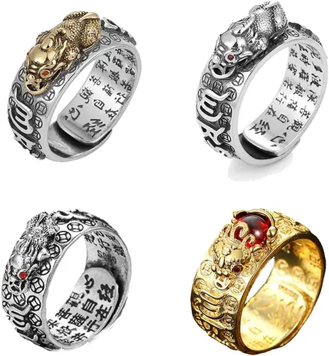 JILIYUPA 4 anillos de Feng Shui Pixiu, amuleto budista de buena suerte, doble protección, riqueza, amor, salud, regalo para hombres y mujeres