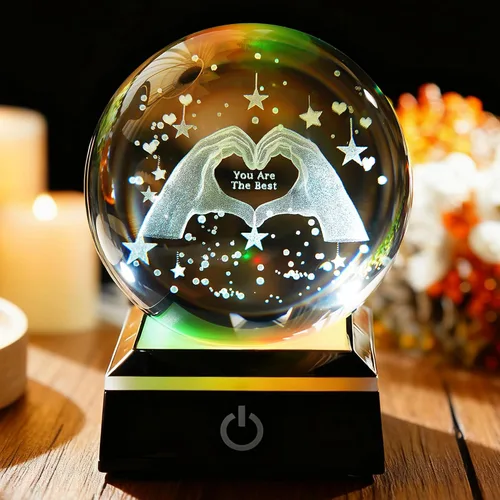 YU FENG Lámpara de noche de bola de cristal 3D de 2.5 pulgadas, lámpara LED de control táctil de 8 colores, diseño de manos en forma de corazón,