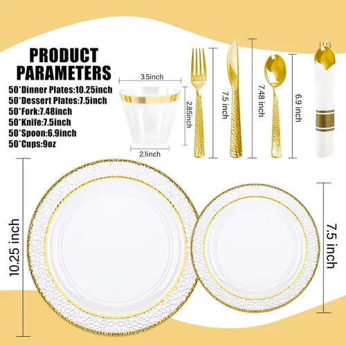Miniatura 2 de Ciaell 350 piezas de platos de plástico transparentes con ribete dorado para 50 invitados, incluye 100 platos de plástico, 50 servilletas Claro