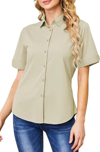 Camisas con botones para mujer, sin arrugas, ajustadas, manga corta, formal, sólidas, blusas