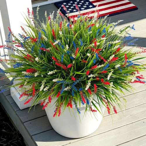 Miniatura 13 de Flores artificiales para decoración al aire libre, 12 paquetes de hierba falsa de mono para el hogar, jardín, porche, balcón, flores de lavanda