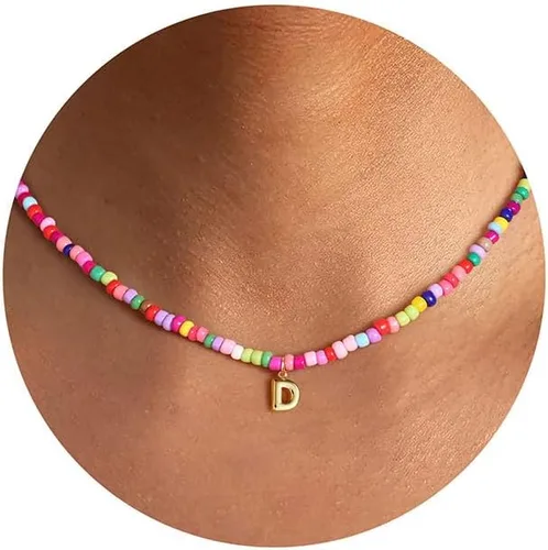 Miniatura 10 de M MOOHAM Collares con iniciales de cuentas coloridas para niñas, mujeres y niños, lindo collar de letras bohemias con cuentas delicadas, joyería