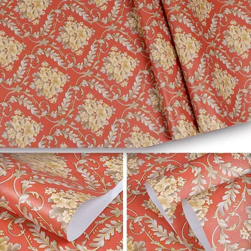 Miniatura 3 de J1232-10M - Papel tapiz de lujo para despegar y pegar damasco, color caqui/rojo, victoriano, vinilo extraíble, autoadhesivo, revestimiento