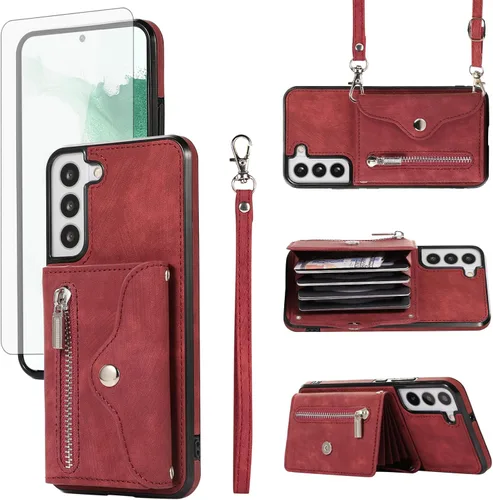Funda de teléfono para Samsung Galaxy S22 5G Funda tipo cartera con correa cruzada para la muñeca, cordón para el hombro, ranura para tarjeta de Rojo