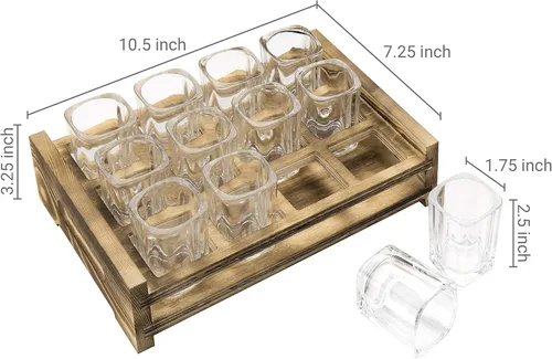 Miniatura 5 de Juego de servicio de vasos de chupito MyGift Incluye 12 vasos de chupito cuadrados y bandeja de servidor ranurada de madera marrón quemada Marrón