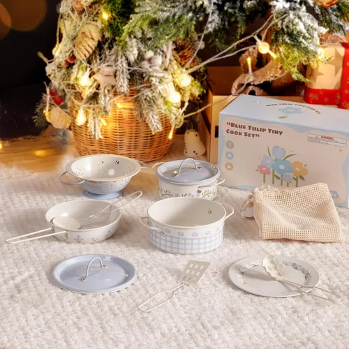 Miniatura 2 de ROBUD Juego de Ollas y Sartenes para Niños, Accesorios de Cocina para Jugar, Ollas y Sartenes de Metal en Crema Azul, Juego de Cocina para Niños