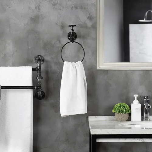 Miniatura 3 de MyGift Anillo de soporte para toallas de mano, estante colgante de toalla de baño montado en la pared, accesorios de baño industriales, decoración