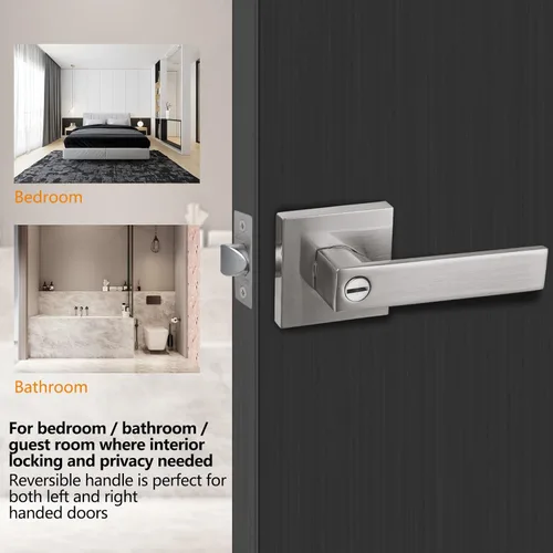 Miniatura 2 de USHTL01-SN-BK-6P - Manija cuadrada de privacidad para puerta de níquel cepillado sin llaves para dormitorio o baño, USHTL01-SN-BK-6P