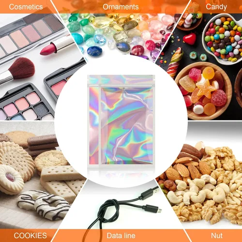 Miniatura 6 de Paquete de 100 bolsas de Mylar con ventana transparente, holográficas, a prueba de olores, para pequeñas empresas, bolsas resellables