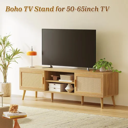 Miniatura 2 de SUPERJARE Soporte de TV bohemio para TV de 65 pulgadas, centro de entretenimiento con estante ajustable, consola de TV de ratán con 2 gabinetes