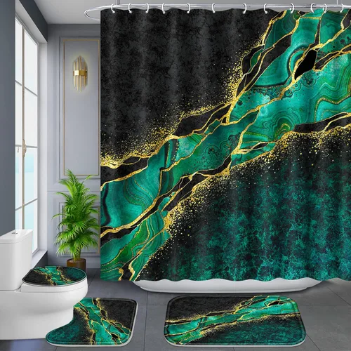 Miniatura 9 de Poedist Juego de 4 cortinas de ducha de baño con borde negro y dorado, juego de baño con cortina de ducha y alfombras