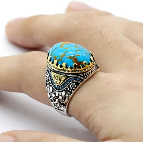 Miniatura 2 de Retro Natural Turquoise Ring for Men, 925 Sterling Silver Oval Sky Blue Stone Statement Ring,Turkish Vintage Engraving Design Handmade