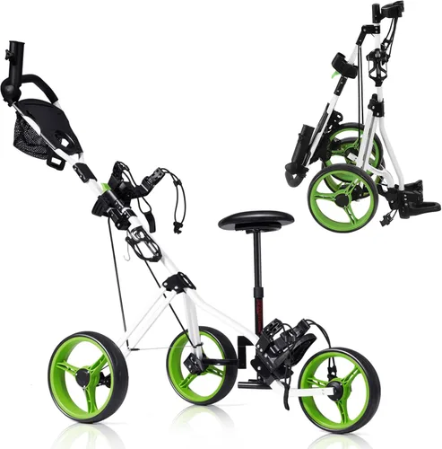 Miniatura 13 de Tangkula Carrito de Golf de Empuje y Tirón con Asiento, Carro Plegable y Colapsable Liviano de 3 Ruedas, Carro de Golf con Freno de Pie, Soporte Gris