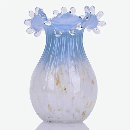 Miniatura 9 de DOVDOV Florero de cristal rosa soplado a mano, decoración de jarrón de boca ancha ondulado, jarrón de vidrio único para centro de mesa de comedor