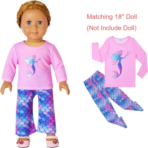 Miniatura 6 de QPANCY Conjunto de pijamas a juego para niñas y muñecas, pijama de manga larga para otoño e invierno