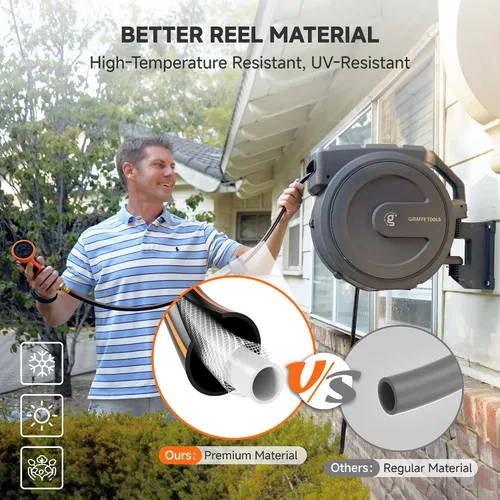 Miniatura 4 de Giraffe Tools Carrete de manguera de pared resistente, manguera retráctil de 5/8 pulgadas x 90 pies con rebobinado automático, giro de 180°, bloqueo
