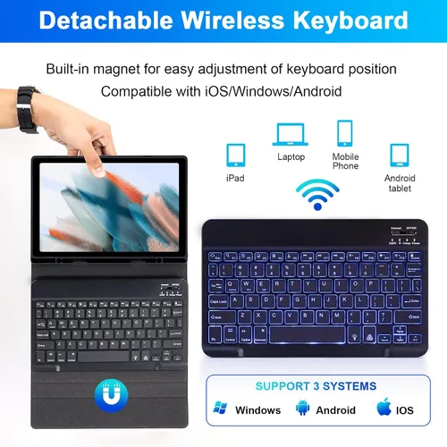 Miniatura 4 de LAMA Funda con teclado retroiluminado de 7 colores con mouse para Samsung Galaxy Tab A8 de 10.5 pulgadas, funda de teclado inalámbrico con soporte