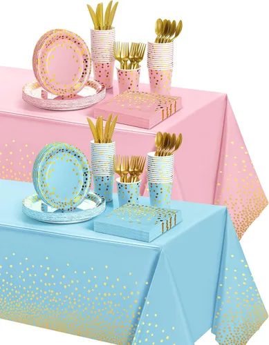 Miniatura 8 de Tegeme 256 piezas de suministros de fiesta de lunares burdeos y dorados, platos de papel, servilletas granate, vasos, vajilla desechable, mantel