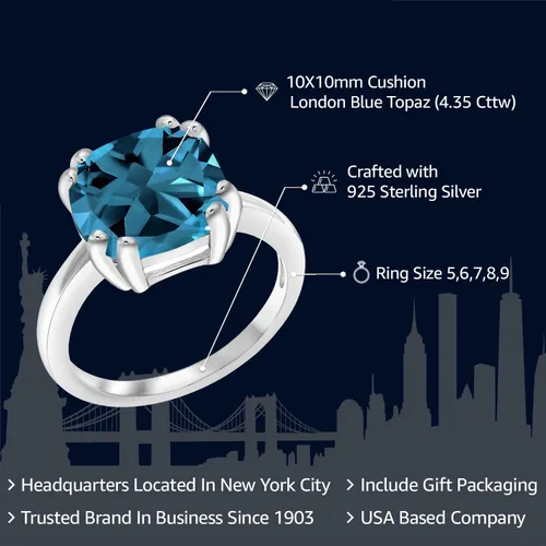Miniatura 2 de Gem Stone King Anillo de compromiso de plata de ley 925 con topacio azul Londres de doble punta para mujer