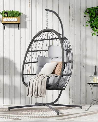 FREDEES Silla colgante con forma de huevo con soporte, silla colgante de exterior con cojín para patio/porche/balcón/interior (Gris claro)