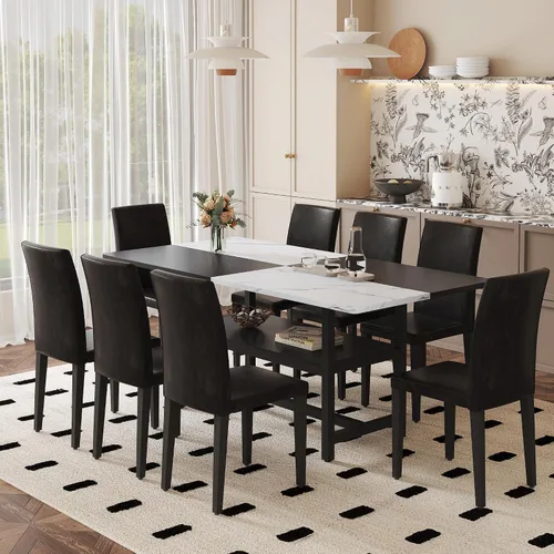 Miniatura 18 de Juego de mesa de comedor de 71 pulgadas para 6 personas con estante de almacenamiento, juego de mesa de comedor rectangular industrial moderna