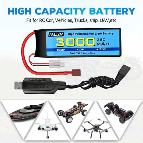 Miniatura 2 de Batería Lipo de 7.4V 3000mAh 35C 2S T-Plug con cable de carga USB para coche RC, modelo de camión, barco de control remoto, RC Quadcopter Qircraft