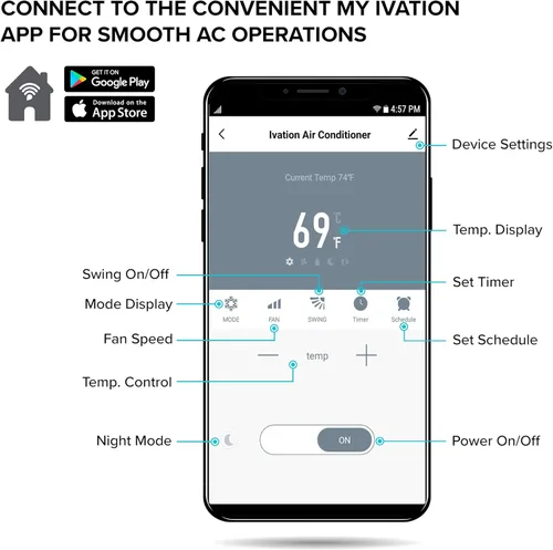 Miniatura 4 de Aire acondicionado Ivation con Wi-Fi de 8500 BTU hasta para 250 pies cuadrados (5500 BTU SACC), control por app 3 en 1, deshumidificador