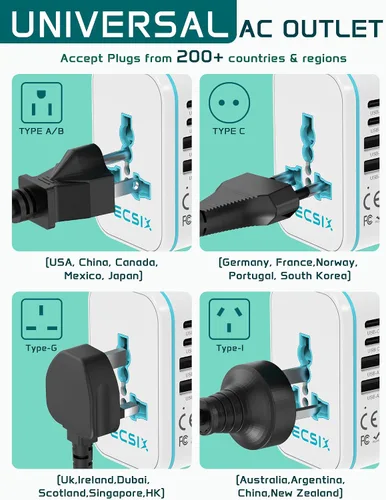 Miniatura 8 de Adaptador de viaje universal en todo el mundo, adaptador de enchufe de viaje europeo TECSIX con 2 USB C, 2 USB A y múltiples salidas de CA, Negro