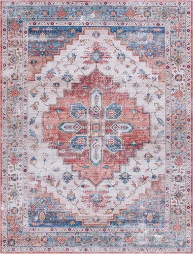 Miniatura 3 de SAFAVIEH Alfombra lavable Tucson Collection - 2 pies 6 pulgadas x 4 pies, beige y azul, antideslizante, ideal para zonas de alto tráfico en entrada