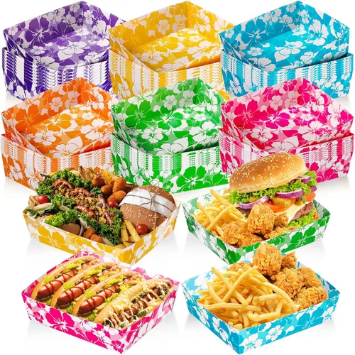 Miniatura 8 de Nitial 24 bandejas de papel de hibisco para fiestas, desechables, barcos de comida para fiestas, decoraciones temáticas hawaianas de 5 libras