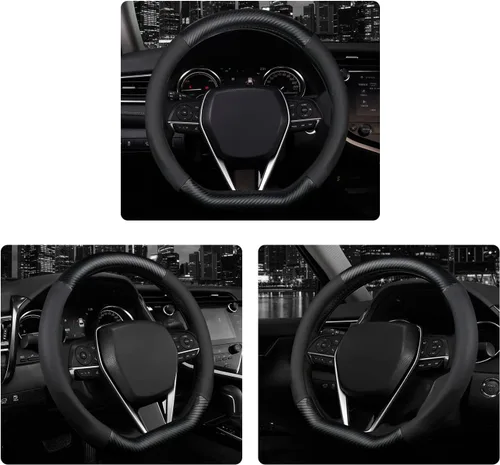 Miniatura 6 de Funda para volante en forma de D, protector de cuero de alta calidad para volante de automóvil, diseño deportivo de fibra de carbono, antideslizante