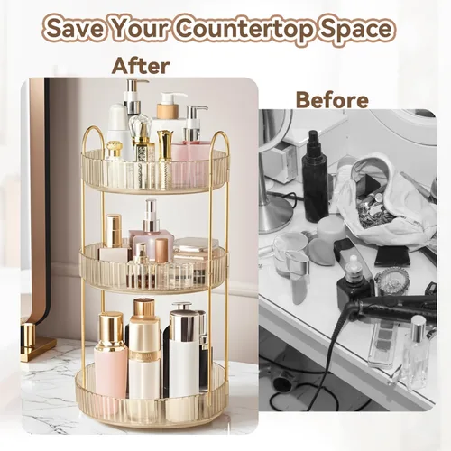 Miniatura 5 de Organizador de maquillaje giratorio de 360° para tocador, organizadores de perfumes de 3 niveles, organizadores de cuidado de la piel