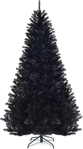 Goplus Árbol de Navidad negro sin luz de 7.5 pies, árbol de Halloween artificial con 1258 puntas de rama, soporte de metal, árbol completo de