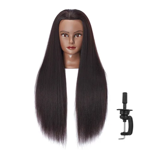 26-28" Cabeza de maniquí con cabello de fibra sintética Yaki para estilizar, cabeza de muñeca para entrenamiento de cosmetología, cabeza de maniquí