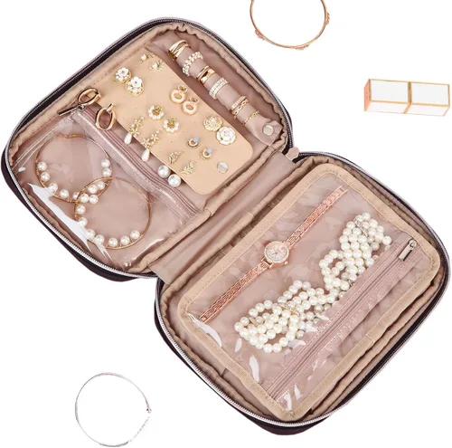 Miniatura 6 de BELALIFE Organizador de joyas de viaje, estuche portátil de almacenamiento de joyas para aretes, anillos, collares, pulseras, color negro