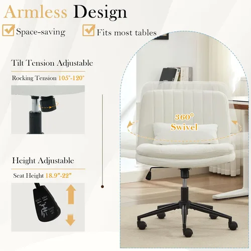 Miniatura 6 de Oprisen Silla cruzada con ruedas, cómodo cojín grueso sin brazos, asiento ancho, patas cruzadas, silla de oficina con almohada, ajustable giratoria