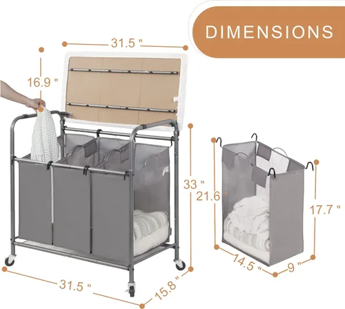 Miniatura 5 de STORAGE MANIAC - Clasificador de lavandería de 3 secciones con tabla de planchar plegable, carrito de lavandería resistente con ruedas y bolsas