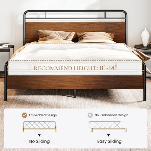 Miniatura 8 de SHA CERLIN Estructura de cama de tamaño king con cabecero y pie de cama de madera, estructura metálica de esquinas redondeadas, listones resistentes