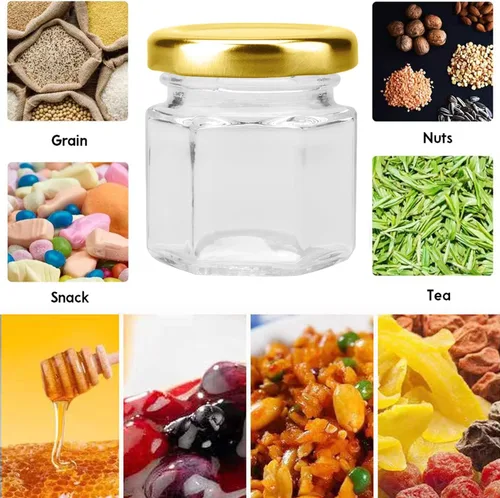 Miniatura 7 de Paquete de 30 mini tarros de miel de 1.5 onzas, mini tarros hexagonales de miel de vidrio con tapas doradas, pequeño tarro de miel con cuchara