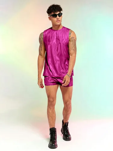 Miniatura 5 de WDIRARA Conjunto de 2 piezas para hombre, camiseta sin mangas holográfica y pantalones cortos con cordón